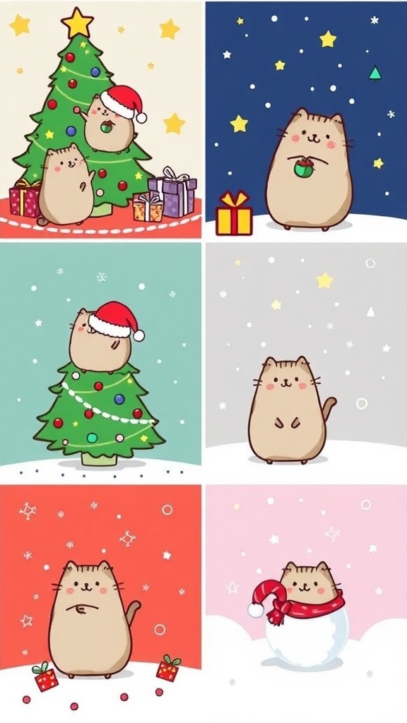 Pusheen Christmas Wallpaper Aesthetic Pusheen in various Christmas scenes, including decorating a tree and playing in the snow, with a festive background.